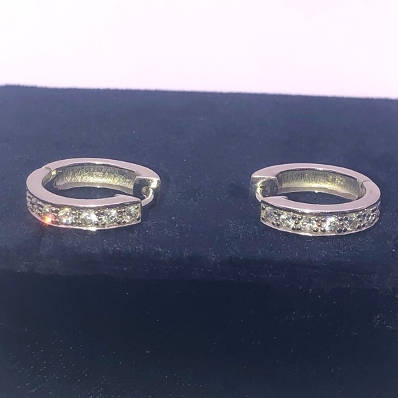 STERLING Silver & White Cz Stone Hoop Earrings 17mm Hoops / 4mm Width - Picture 1 of 6